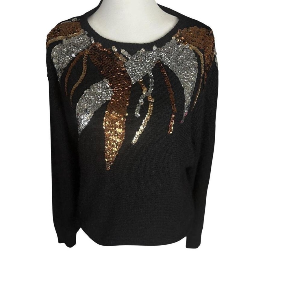 Vintage‎ 80s Black Sequin Angora Silk Sweater | Novelty Knit | Size L